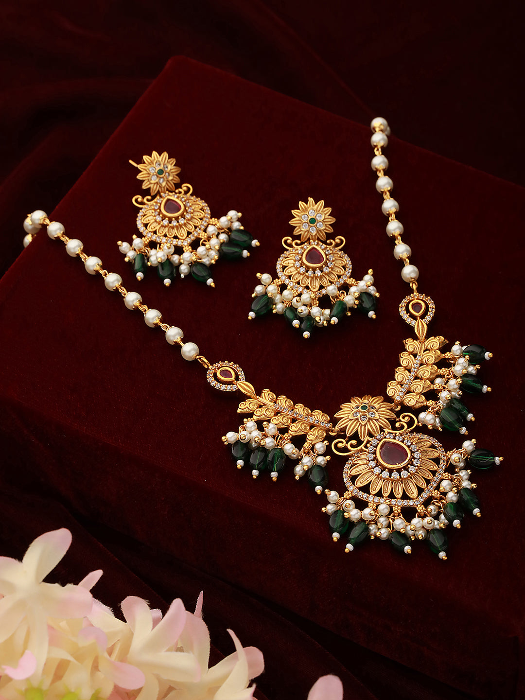 Gold Toned Pearl Mala Peacock Haram Necklace Jewellery Set